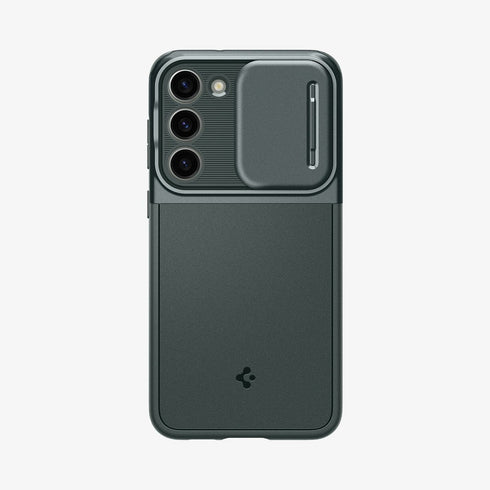 ACS05639 - Galaxy S23 Ultra Case Optik Armor in black showing the back with lens protector slot open